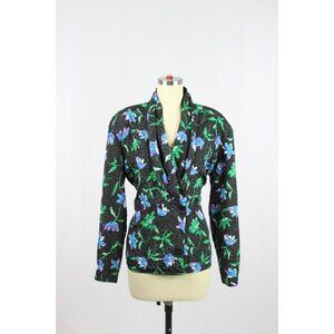 Vintage SUSAN J Black Floral Silky Polyester Shawl Collar Peplum Blouse, Size 12